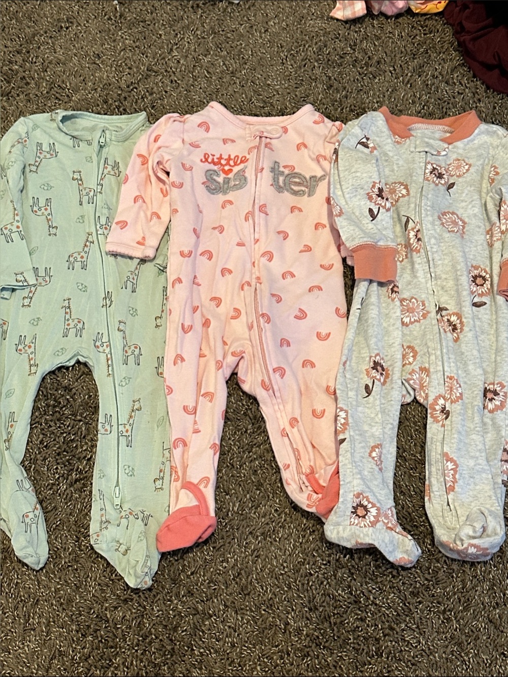 Giraffe, Pink 'Little Sister' , & Flower Baby One-Piece Footed Pajamas